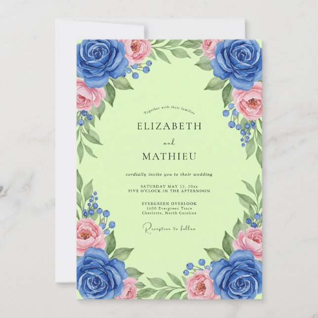 Invitation Mariage Cobalt Chartreuse Feuillu (Devant)