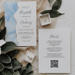 Invitation Mariage Code QR Agate Argent Bleu Bébé Moderne