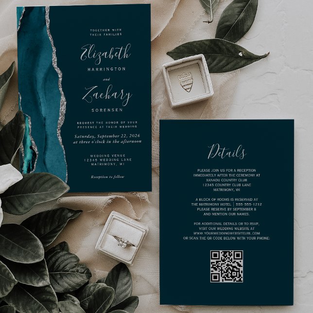 Invitation Mariage Code QR Agate Argent Bleu Sarcelle Moderne (Créateur téléchargé)