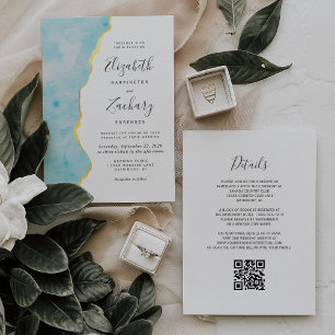 Invitation Mariage Code QR Agate Bleu Aqua Aquarelle Moderne