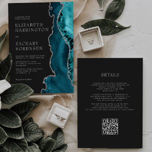 Invitation Mariage Code QR Agate Bleu Turquoise Argent