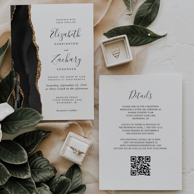 Invitation Mariage Code QR Agate Or Noir Moderne (Créateur téléchargé)