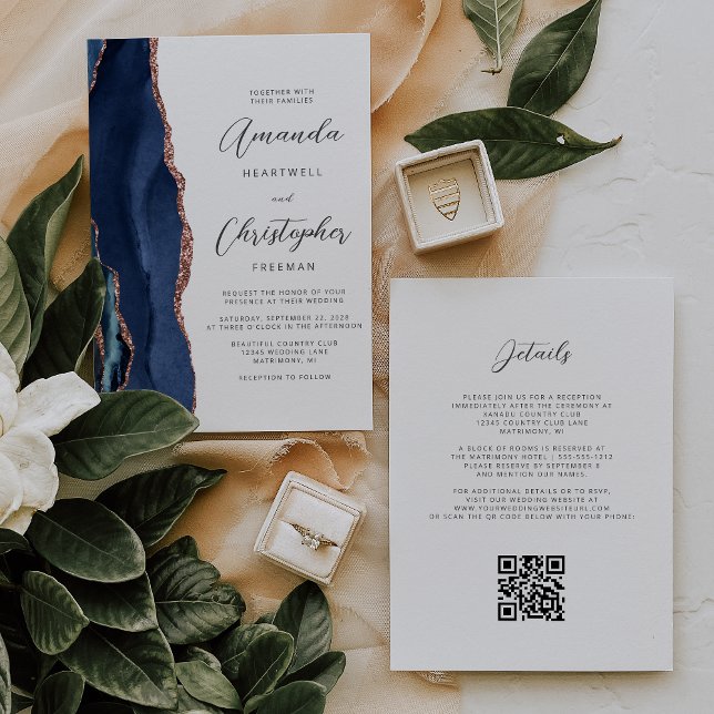 Invitation Mariage Code QR Agate Or Rose Bleu Marine (Créateur téléchargé)