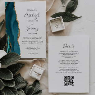 Invitation Mariage Code QR Agate Or Sarcelle