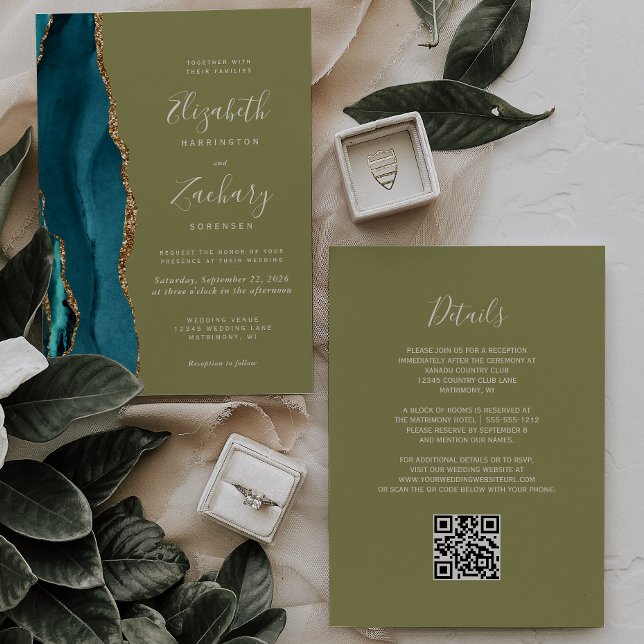 Invitation Mariage Code QR Agate Or Vert Olive (Créateur téléchargé)