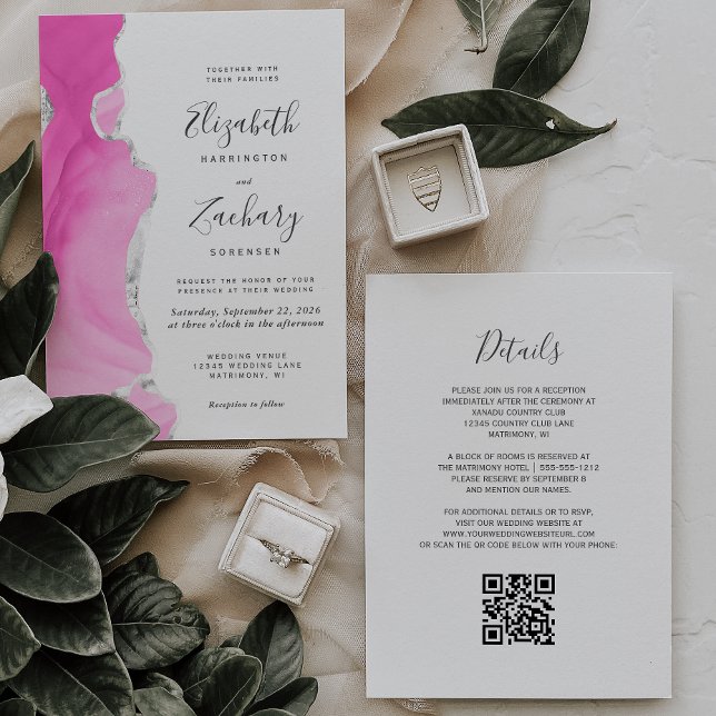 Invitation Mariage Code QR Agate Rose Moderne Argent (Créateur téléchargé)