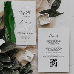 Invitation Mariage Code QR Agate Vert Chasseur Argent