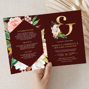 Invitation Mariage Code QR Ampersand Floral Rose Bourgogne