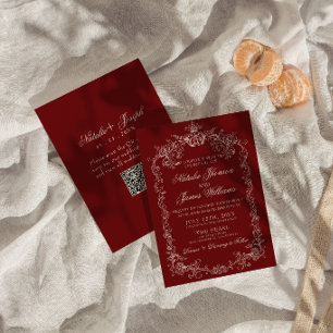 Invitation Mariage Code QR Ancien Argent Profond Rouge