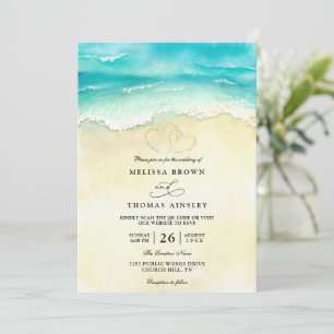 Invitation Mariage Code QR Aquarelle Cœur Plage Tropicale