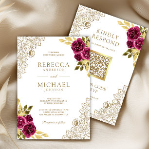 Invitation Mariage Code QR Blanc Dentelle Florale Fuchsia Mag