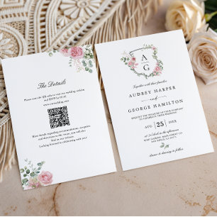 Invitation Mariage Code QR Blason Monogramme Floral Rose Pâle