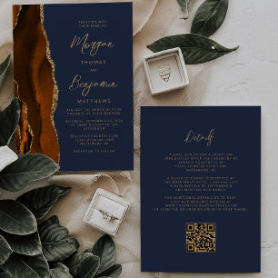 Invitation Mariage Code QR Bleu Marine Agate Orange Brûlé