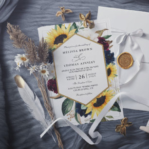 Invitation Mariage Code QR Bleu Marine Bourgogne Tournesol