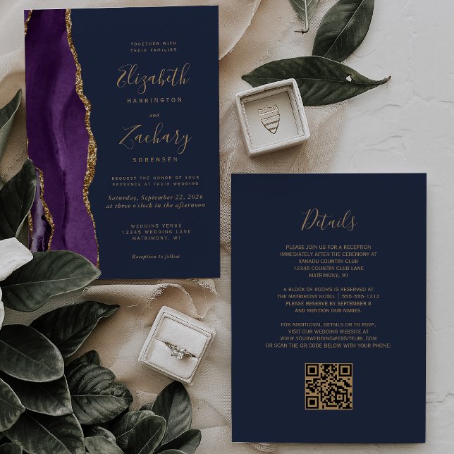 Invitation Mariage Code QR Bleu Nuit Agate Or Violet (Créateur téléchargé)