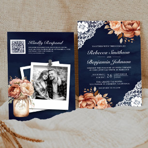Invitation Mariage Code QR Bleu Nuit Broderie Florale en Terr