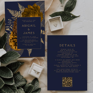 Invitation Mariage Code QR Bleu Nuit Fleur Or Doré Orange Brû