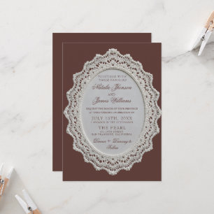 Invitation Mariage Code QR Broderie Anglaise Marron Chocolat 