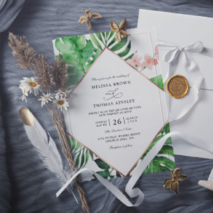 Invitation Mariage Code QR Budget Aquarelle Palmier Tropical