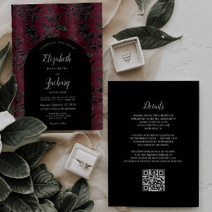 Invitation Mariage Code QR Burgundy Noir Damassé Atmosphériqu
