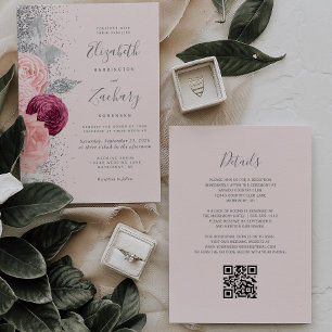 Invitation Mariage Code QR Burgundy Rose Fleurie Argent