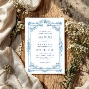Invitation Mariage Code QR Cadre Élégant Floral Bleu Vintage