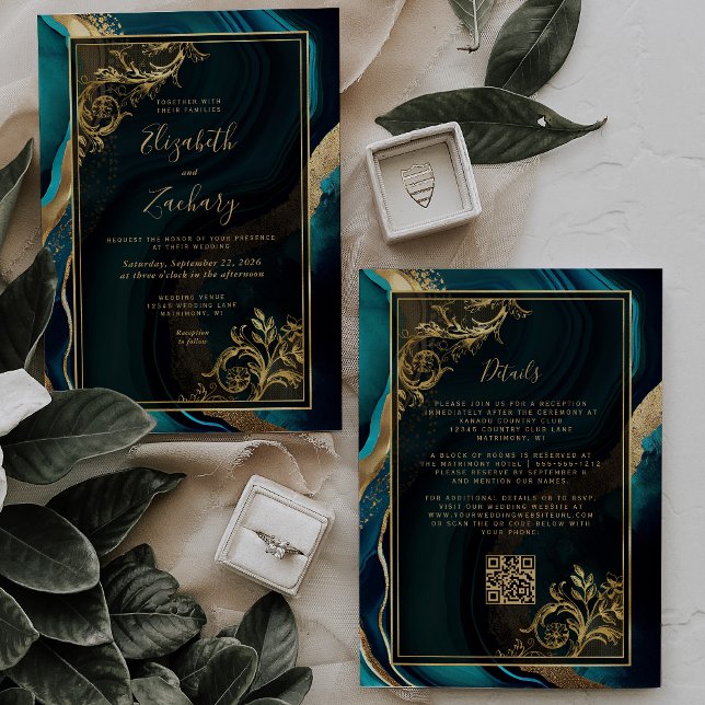 Invitation Mariage Code QR Cadre Luxe Agate Sarcelle Or (Créateur téléchargé)