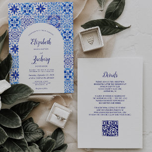 Invitation Mariage Code QR Carreau Portugais Arc Bleu Rustiqu