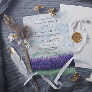Invitation Mariage code QR champ de lavande rustique montagne