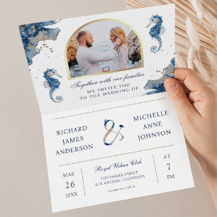 Invitation Mariage Code QR Cheval Marin Aquarelle Bleu Nautiq