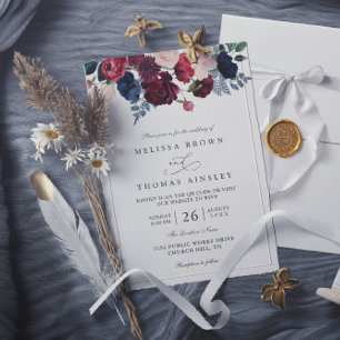Invitation Mariage Code QR Chic Rustique Floral Bordeaux Mari