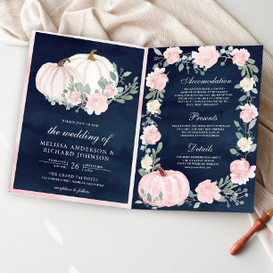 Invitation Mariage Code QR Citrouille Floral Rose Rose Navy