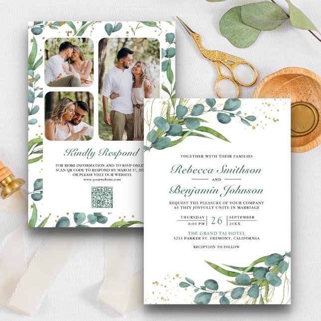 Invitation Mariage Code QR Collage Photo Eucalyptus Rustique (Créateur téléchargé)