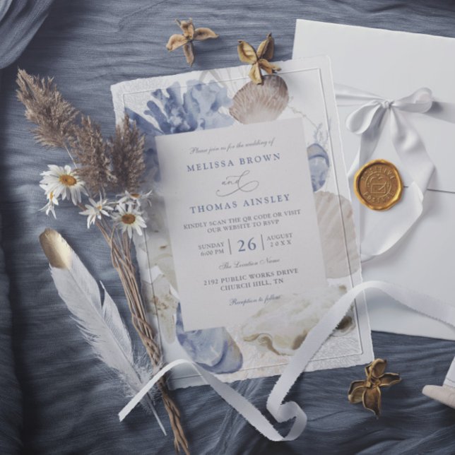 Invitation Mariage code qr coquillage bleu plage côtière (Créateur téléchargé)