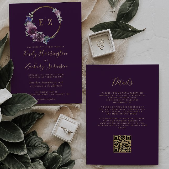 Invitation Mariage Code QR Couronne Florale Violette Monogram (Créateur téléchargé)