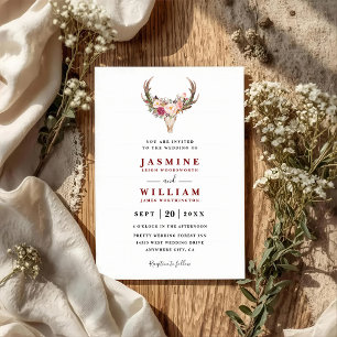 Invitation Mariage Code QR Crâne de Bois de Cerf Floral Rouge