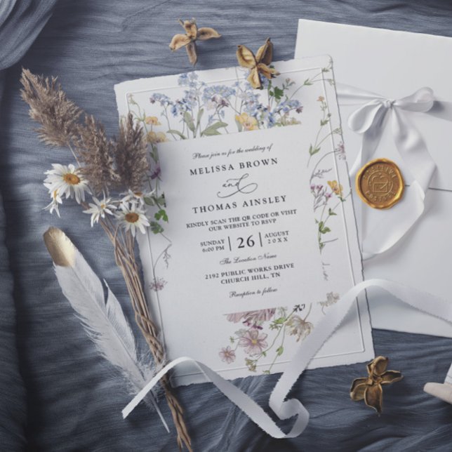 Invitation Mariage code QR de jardin de prairie fleurie color (Créateur téléchargé)