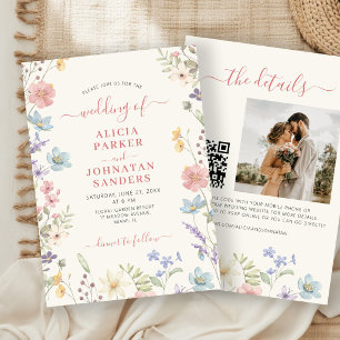 Invitation Mariage code QR écriture élégante de fleurs sauvag