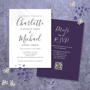 Invitation Mariage code QR écriture moderne violet