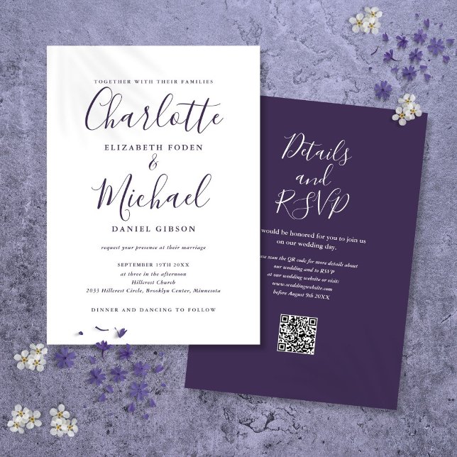 Invitation Mariage code QR écriture moderne violet (Purple Modern Script QR Code Wedding Invitation)