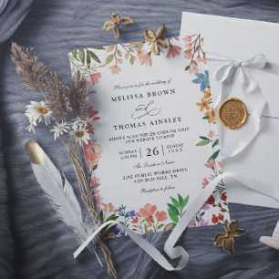 Invitation Mariage Code QR Élégant Moderne Chic Fleurs Sauvag