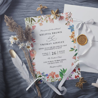 Invitation Mariage Code QR Élégant Moderne Chic Fleurs Sauvag