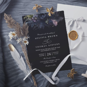 Invitation Mariage Code QR Élégant Noir Floral Gothique Sombr