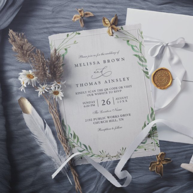 Invitation Mariage Code QR Élégant Rustique de Verdure Nature (Créateur téléchargé)