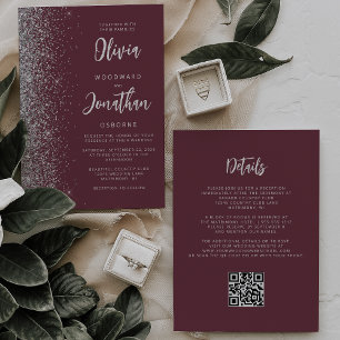 Invitation Mariage Code QR en écriture Burgundy Silver Glitte