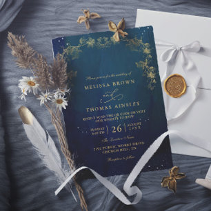 Invitation Mariage Code QR Envoûtant Bleu Marine et Vert