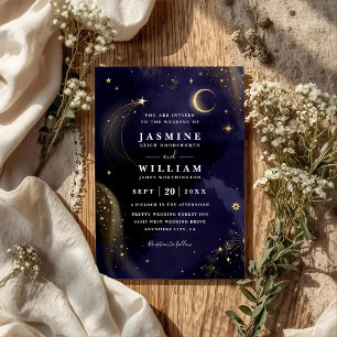 Invitation Mariage code QR étoiles lune bleu minuit céleste