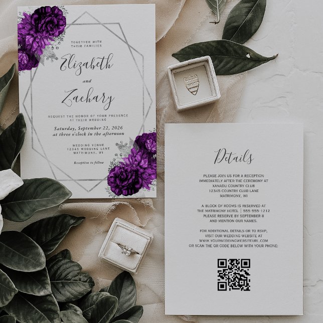 Invitation Mariage Code QR Fleur Blanche Argent Prune Pourpre (Créateur téléchargé)