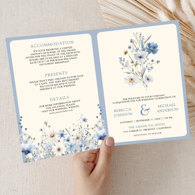 Invitation Mariage Code QR Fleur de Boho Bleu Poussiéreux (Créateur téléchargé)