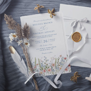 Invitation Mariage Code QR Fleur Sauvage Rose Pâle Bleu Pouss